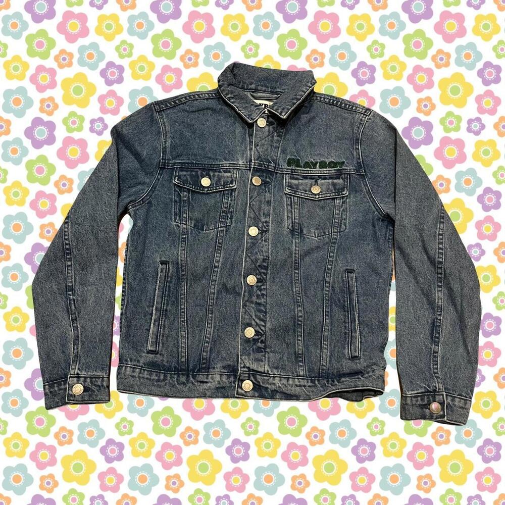 PacSun X Playboy Men's Blue Jean Jacket with green embroidered logo